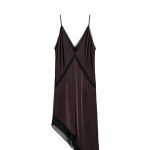 Zara Chocolate Brown Satin Asymmetrical Slip Dress with Black Trim